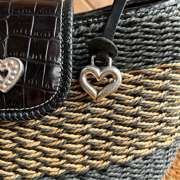 Brighton Woven Satchel Bag Purse Black Tan Straw Leather Shoulder strap - Picture 7 of 7
